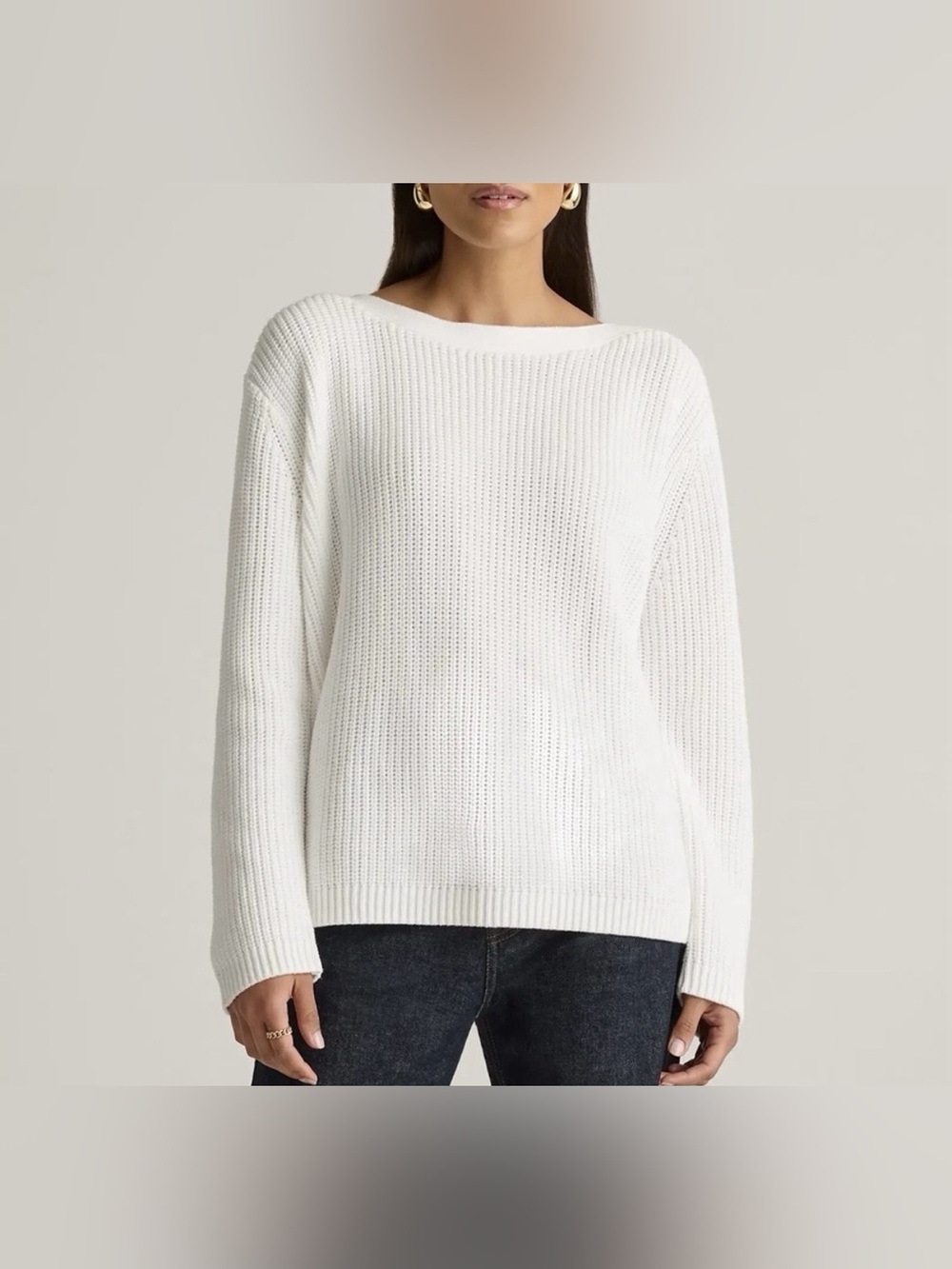 Quince 100% Organic Cotton Fisherman Crew Sweater in Ivory Size L Chunky Knit